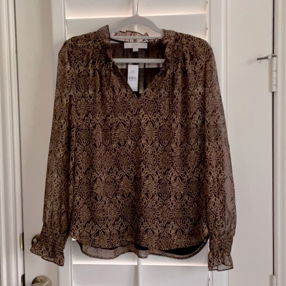 Loft Floral Smocked Tie-Neck Blouse in Black - Size L